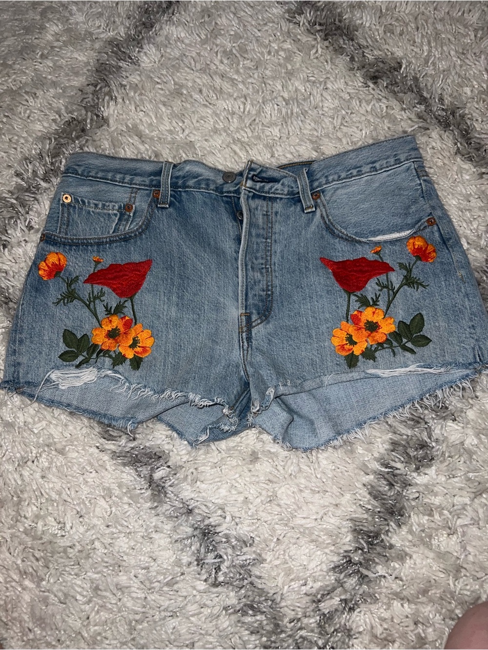 Levi's Light Blue Denim Shorts with Red & Orange Floral Embroidery